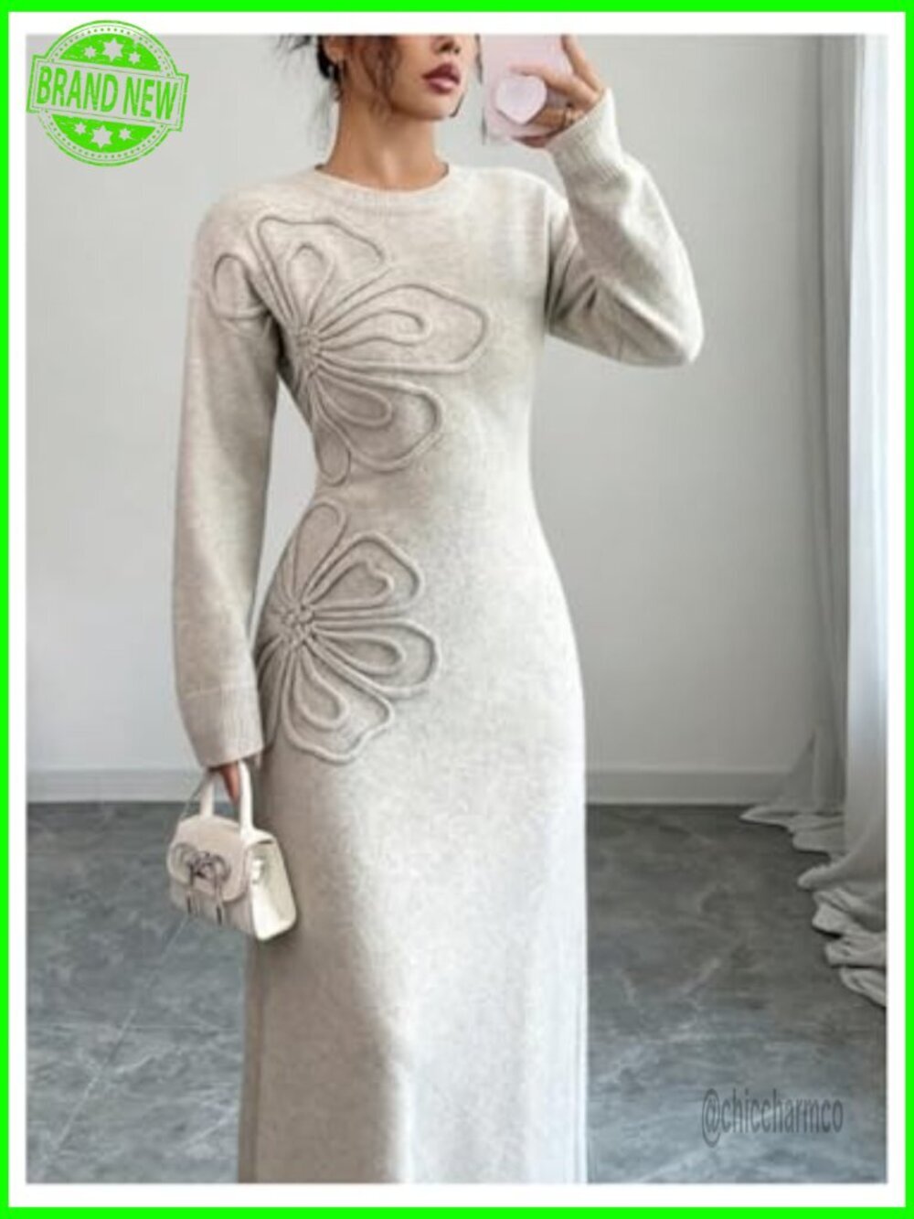 3D Floral Knit Sweater Dress Long Sleeve Crew Neck Fall Winter Shift Dress - Picture 5 of 5